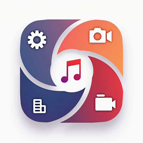 flux-An icon for a creative AI app with Fusion of Elements with Minimalist icons for camera music note and film strip intertwined in a clean circular pattern with a subtle glow-2