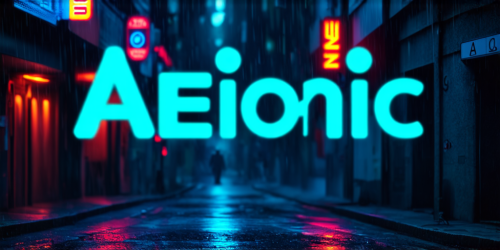 sd3-Neon noir Text logo saying AEIONic for an AI creativity app. Cyberpunk dark rainy streets neon signs high contrast low light vibrant highly detailed-0