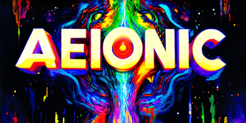 sd3-Painting by Ron English Text logo saying AEIONic for an AI creativity app. Pop-surrealism cultural subversion iconic mash-ups vibrant and bold colors satirical commentary-0