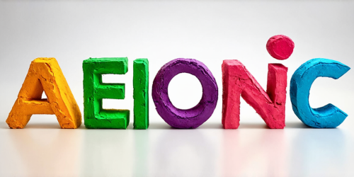 sd3-Paper mache representation of Text logo saying AEIONic for an AI creativity app. 3D sculptural textured handmade vibrant fun-0