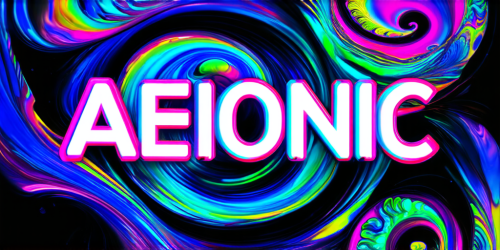 sd3-Psychedelic style Text logo saying AEIONic for an AI creativity app. Vibrant colors swirling patterns abstract forms surreal trippy-0