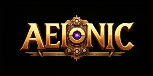 sd3-Steampunk style Text logo saying AEIONic for an AI creativity app. Antique mechanical brass and copper tones gears intricate detailed-0