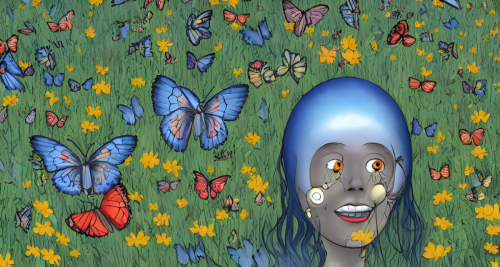 sd-A meadow with butterflies flitting about and a Hyper-terrestrial entity smiling down upon it style of Fantastic Planet-0