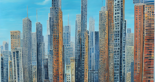 sd-A painting of a cityscape with buildings that are impossibly tall and thin reaching up into the sky by Pamela Coleman Smith-0
