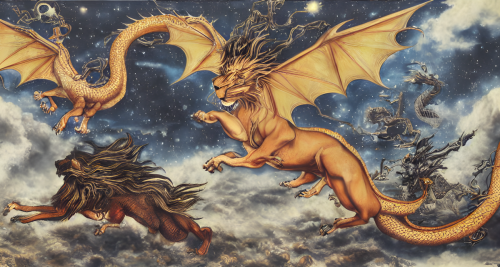 sd-Hyper-terrestrial animals in a painting such as a lion with wings or a dragon in a natural landscape by Ayami Kojima-0