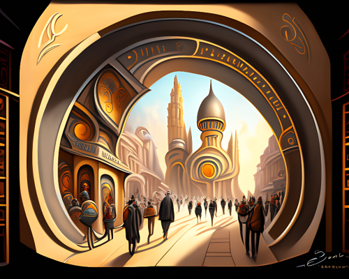 kandinsky-Intergalactic stargate portal in the middle of a bustling city with cars and people going about their business oblivious to the strange thing in their midst by Thomas Kinkaid-1