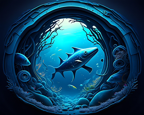 kandinsky-Intergalactic stargate portal in the middle of a deep ocean with strange sea creatures swimming around it and a school of fish in the foreground style of cosmic horror-1